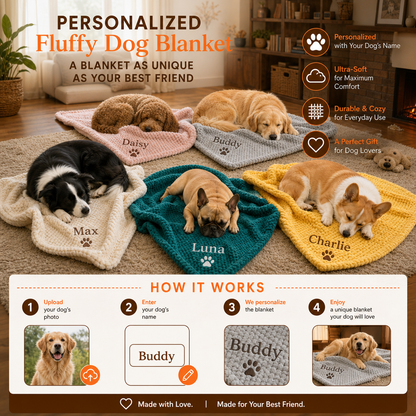 Personalized Fluffy Dog Blanket with Custom Embroidery