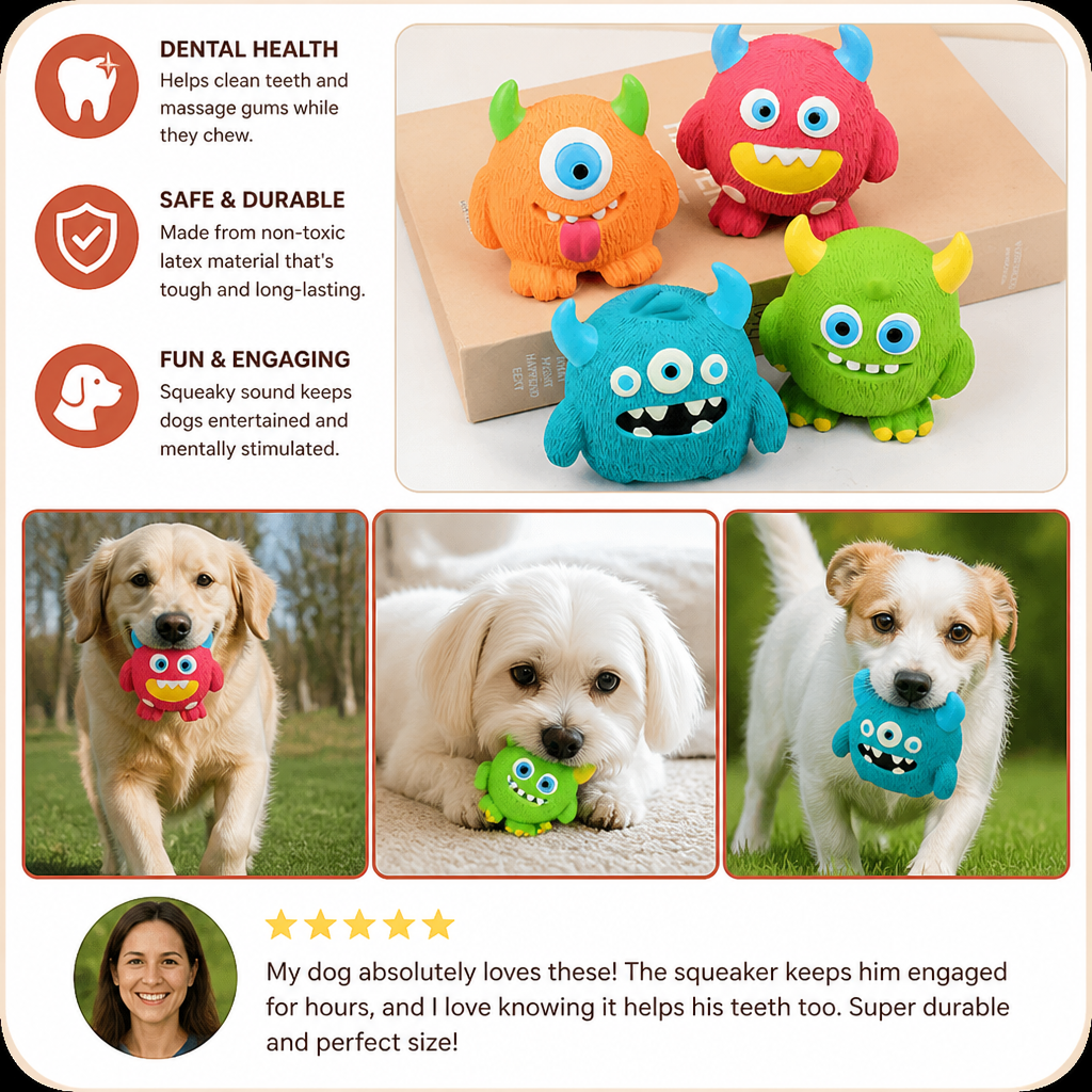 Durable Eco-Friendly Monster Teeth Cleaning Latex Squeaky Dog Toy