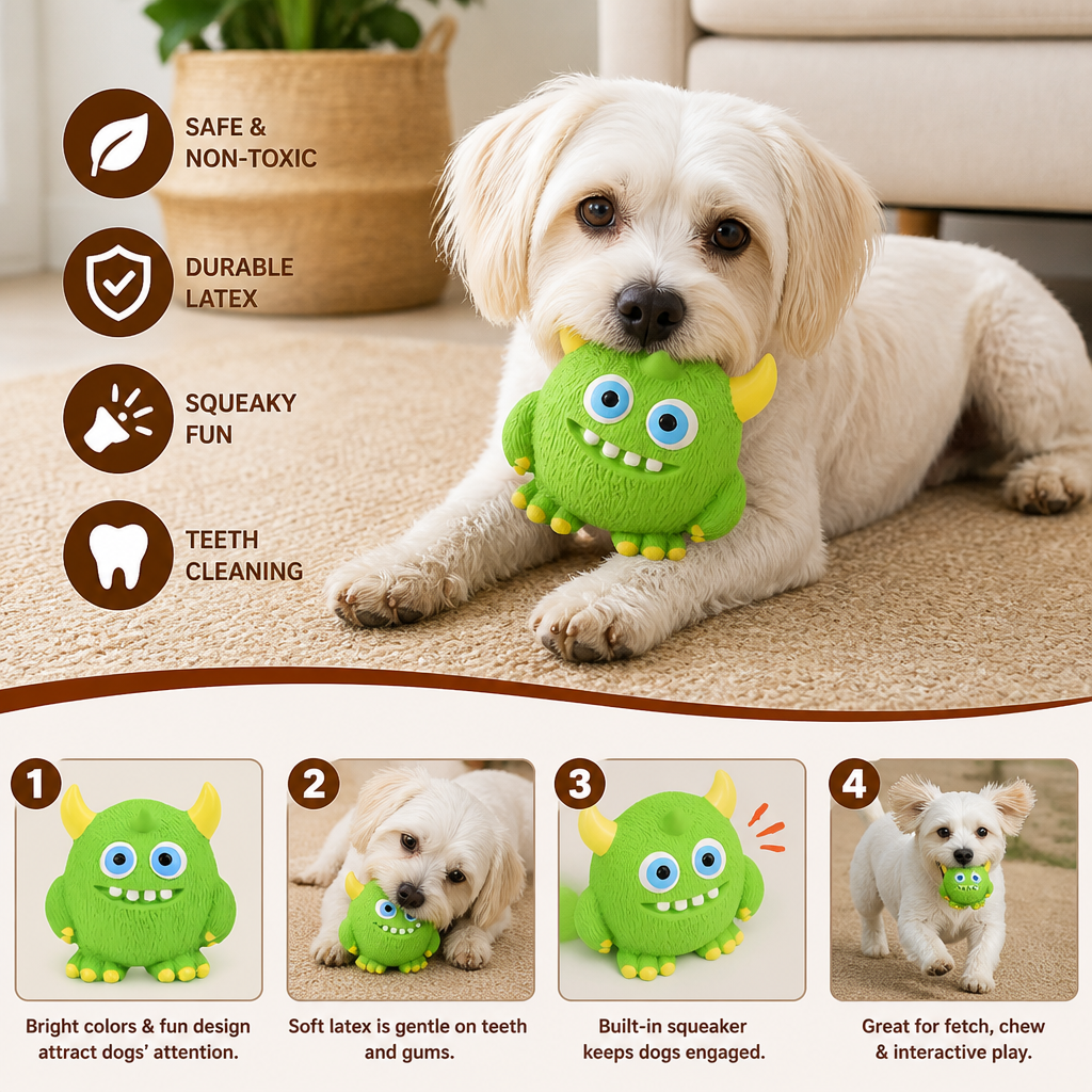 Durable Eco-Friendly Monster Teeth Cleaning Latex Squeaky Dog Toy