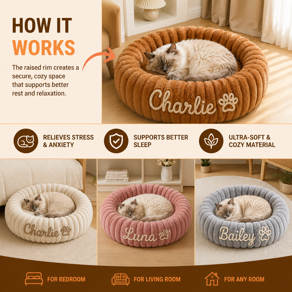 Personalized Round Fluffy CAT Bed