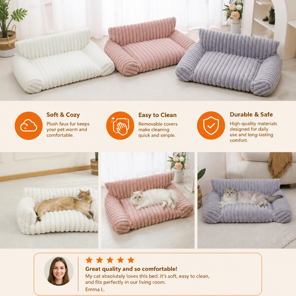 Fluffy Cloud Cat Sofa Bed with Soft Bolsters & Washable Covers