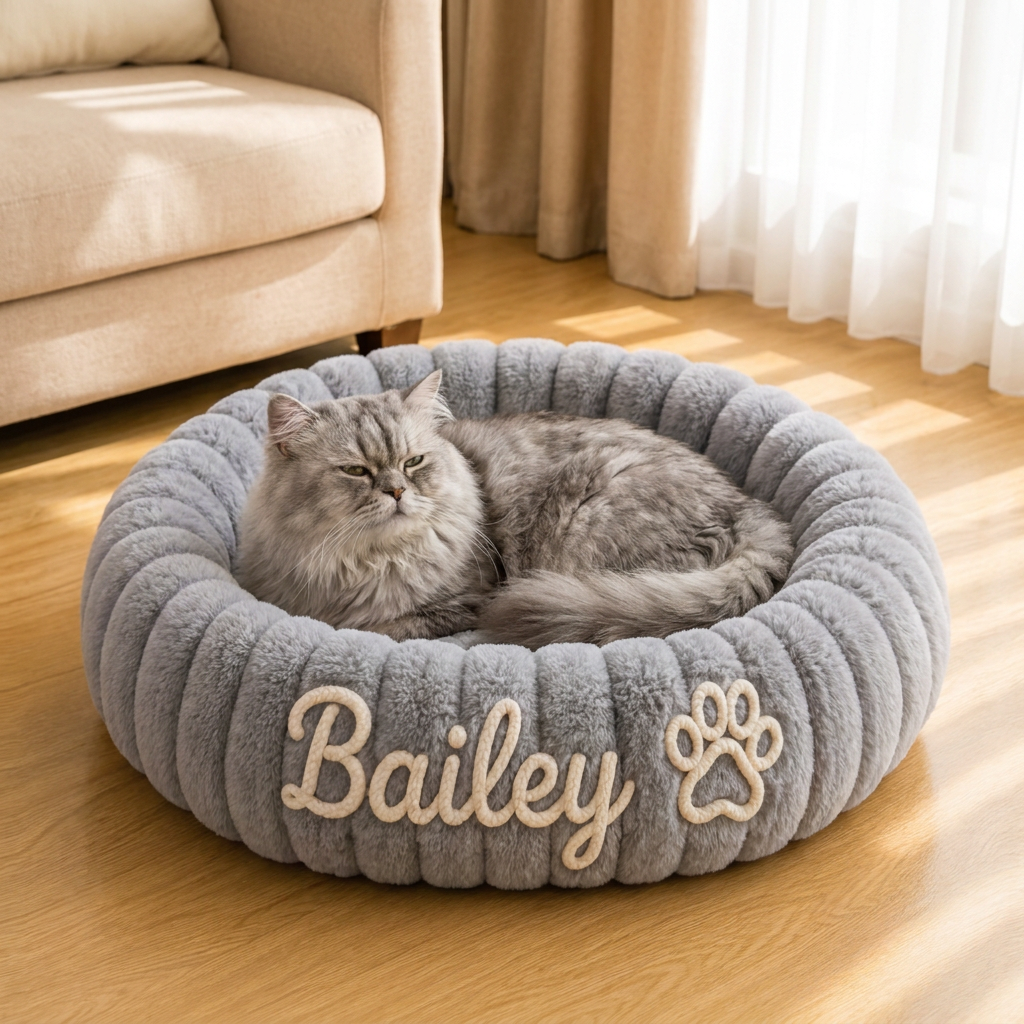 Personalized Round Fluffy CAT Bed