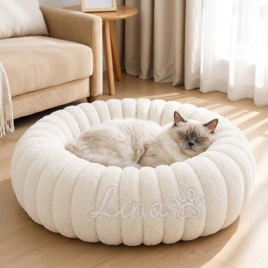 Personalized Round Fluffy CAT Bed