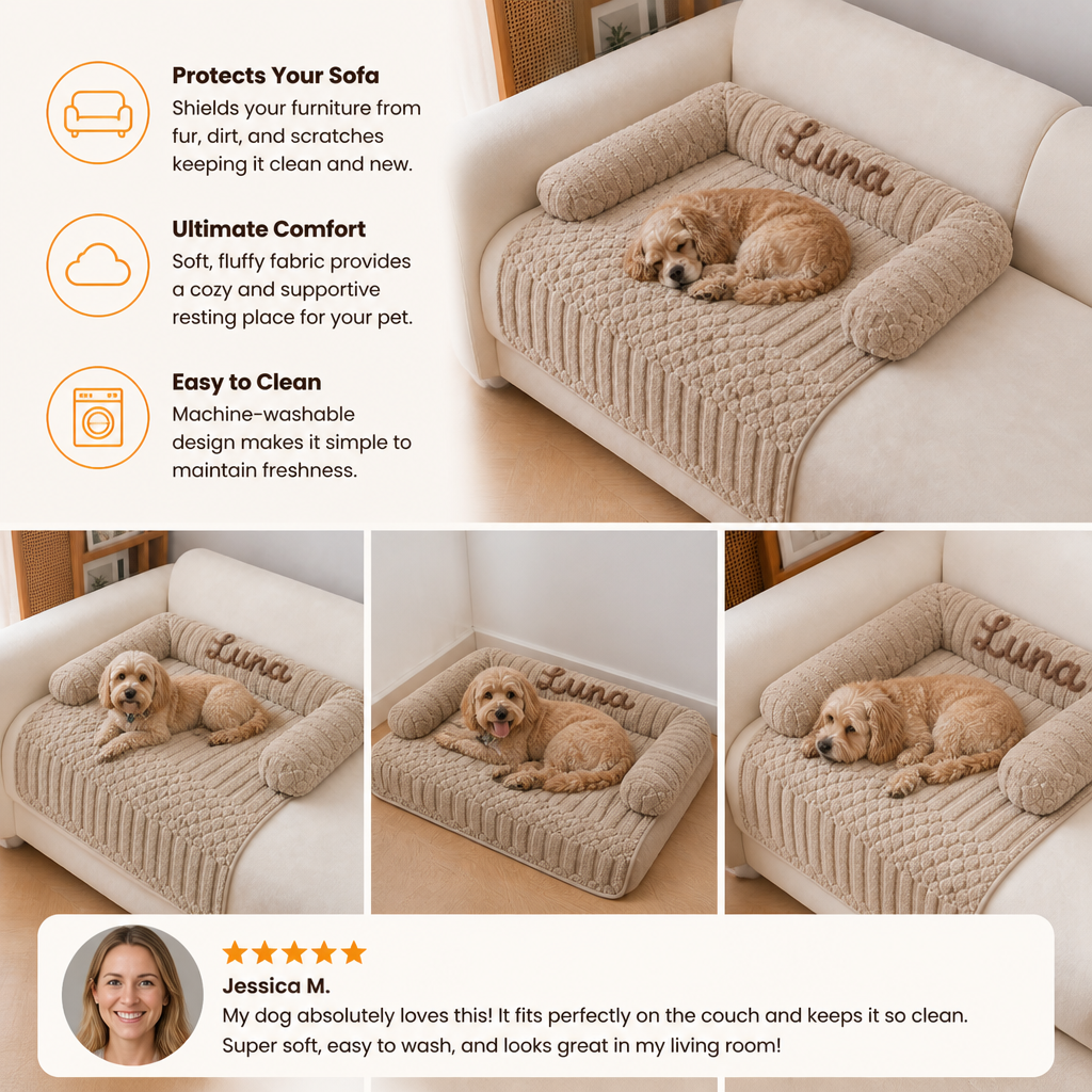 Personalized Fluffy Dog Sofa Bed & Protective Couch Cover