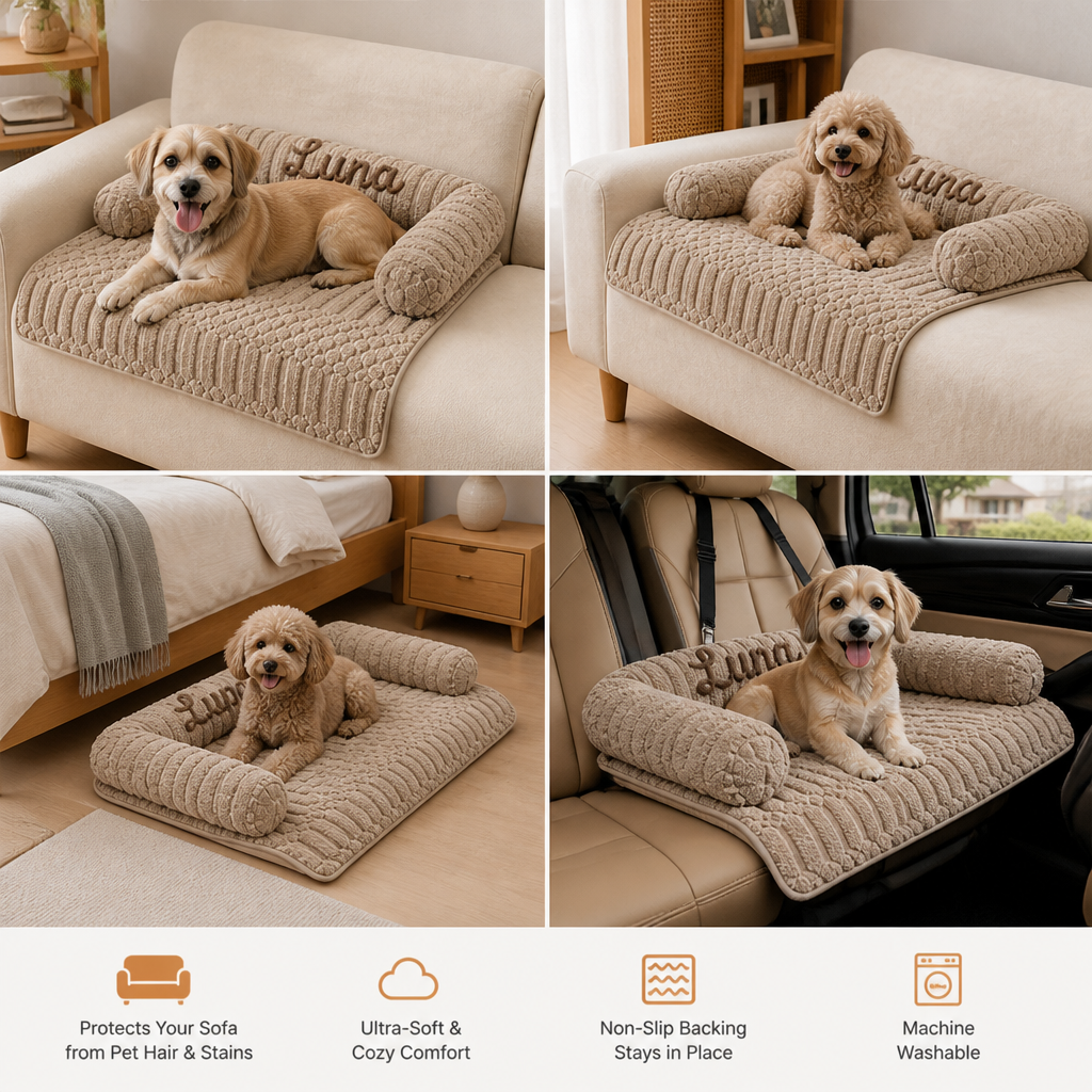 Personalized Fluffy Dog Sofa Bed & Protective Couch Cover