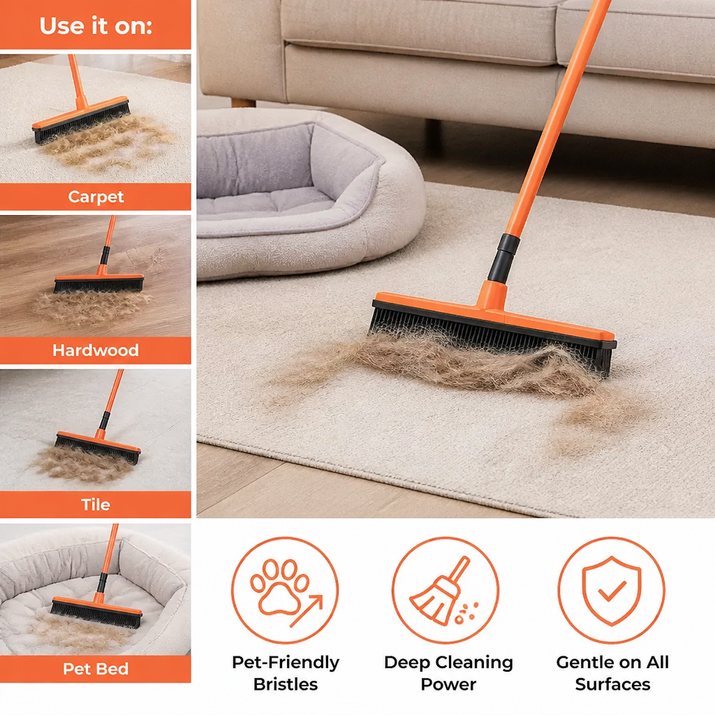 Telescopic Pet Hair Removal Broom – Multi-Surface Cleaner for Carpet, Sofa & Dog Bed