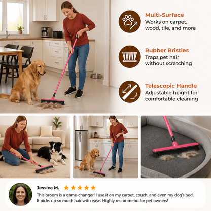 Telescopic Pet Hair Removal Broom – Multi-Surface Cleaner for Carpet, Sofa & Dog Bed