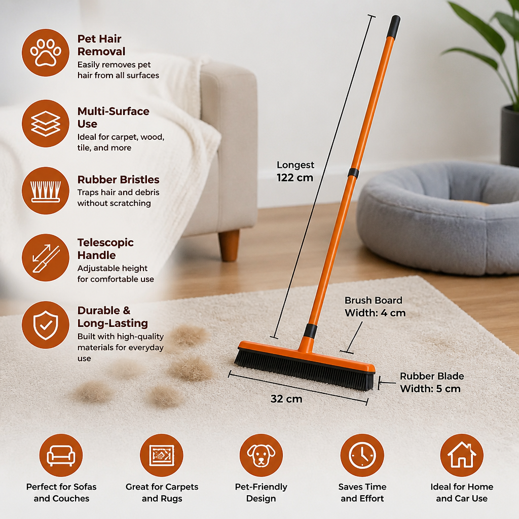 Telescopic Pet Hair Removal Broom – Multi-Surface Cleaner for Carpet, Sofa & Dog Bed