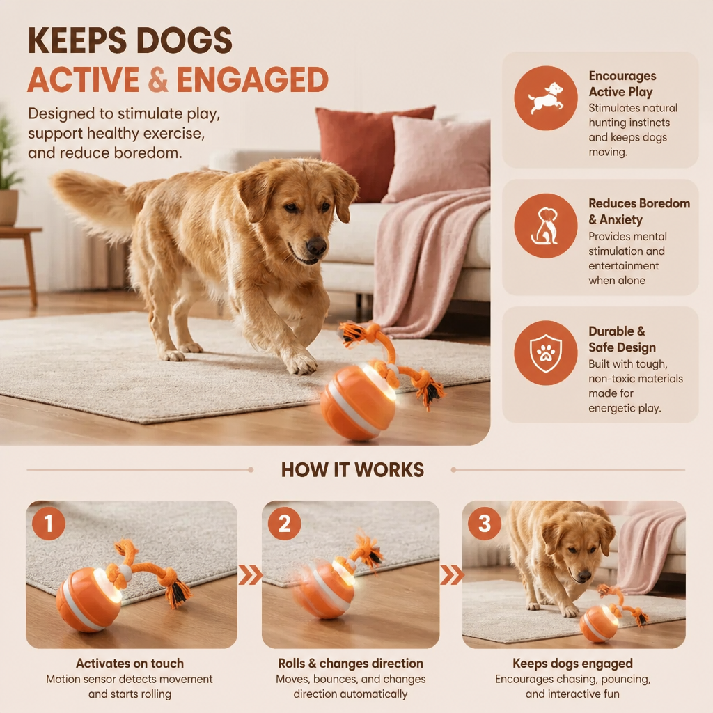 Durable Dog Play Ball with Motion Sensor and Tug Rope in Dog-Friendly Colours