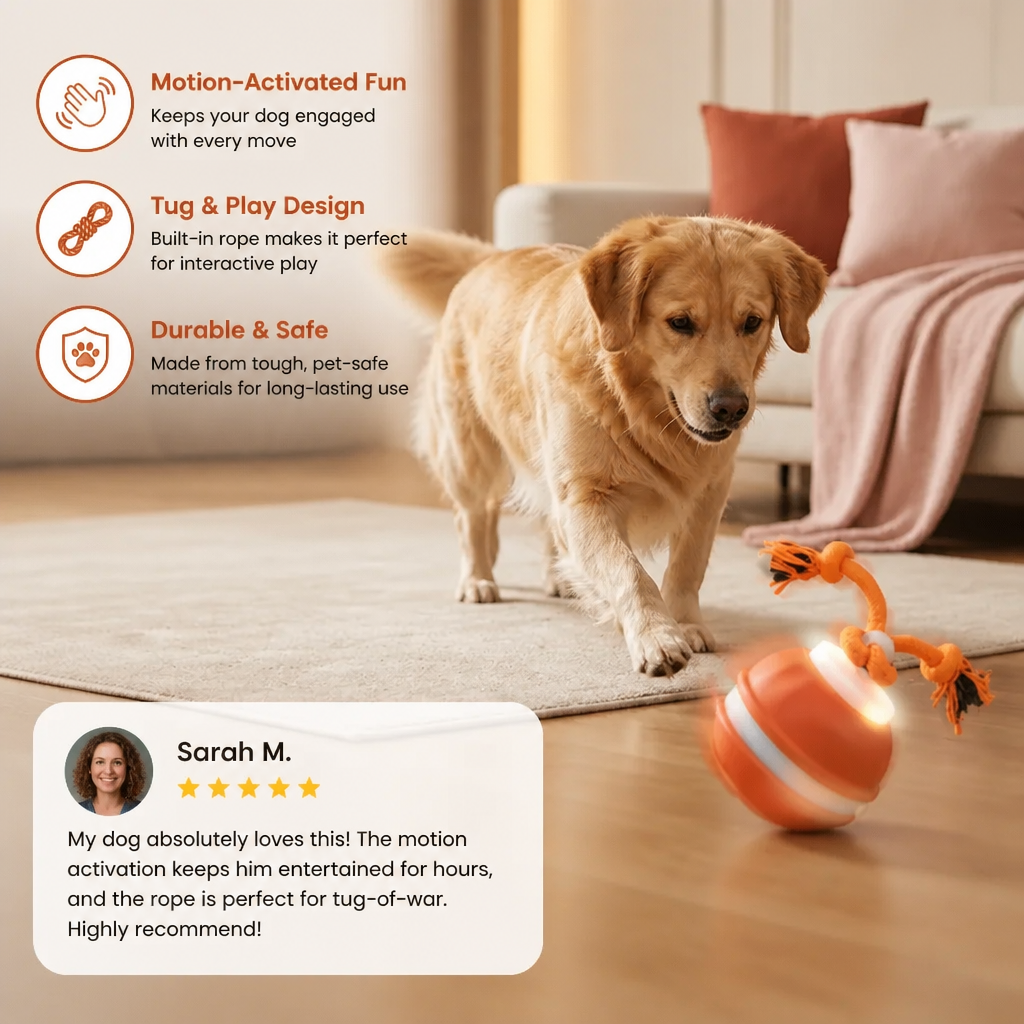 Durable Dog Play Ball with Motion Sensor and Tug Rope in Dog-Friendly Colours