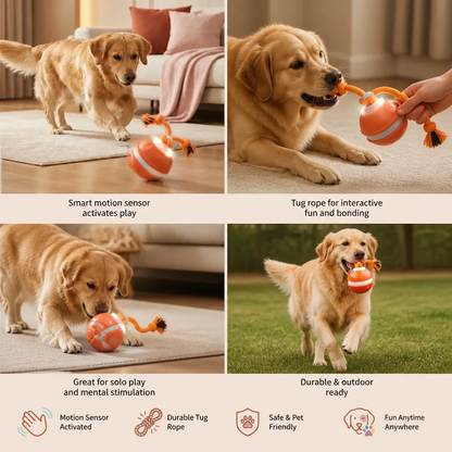 Durable Dog Play Ball with Motion Sensor and Tug Rope in Dog-Friendly Colours
