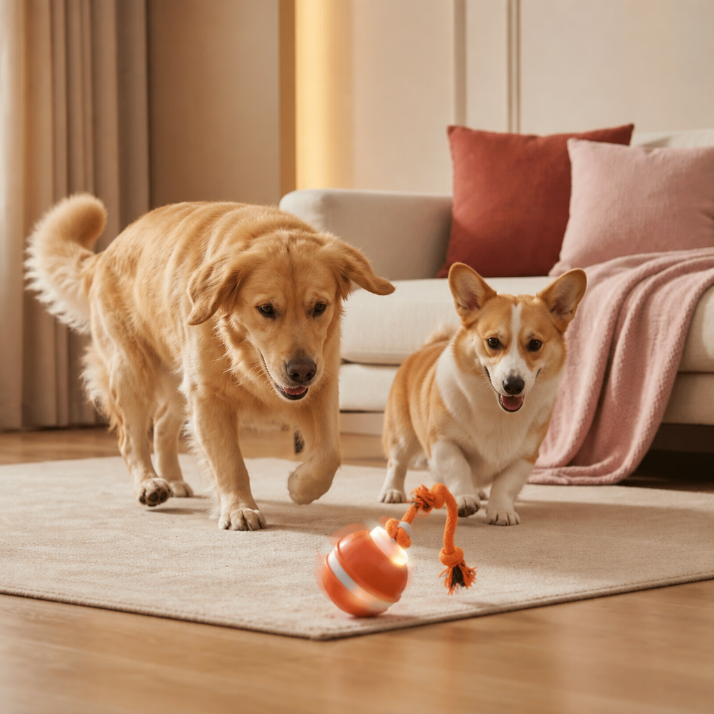 Durable Dog Play Ball with Motion Sensor and Tug Rope in Dog-Friendly Colours