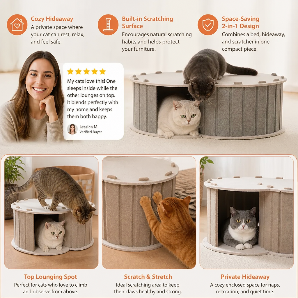 2-in-1 Interactive Play Cat Bed & Scratcher Hideaway