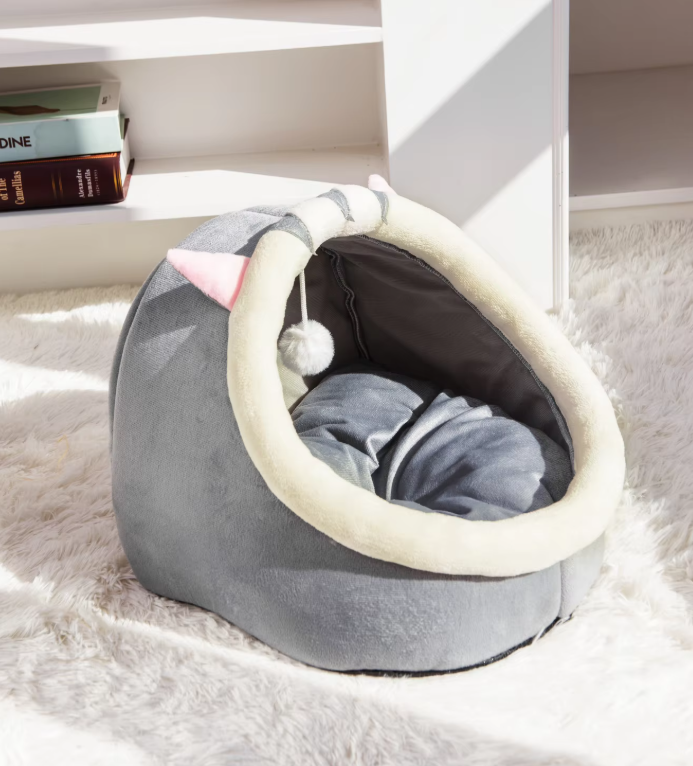 Cuddly Cat Bed Cave - Soft Igloo  With Ears Play Ball
