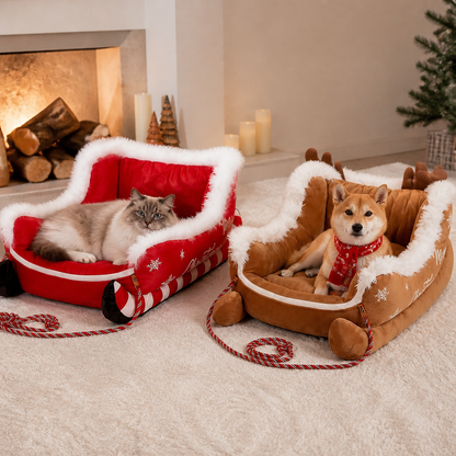 Christmas Sleigh-Shaped Plush Pet Bed with Washable Waterproof Cover