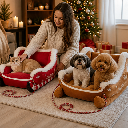Christmas Sleigh-Shaped Plush Pet Bed with Washable Waterproof Cover