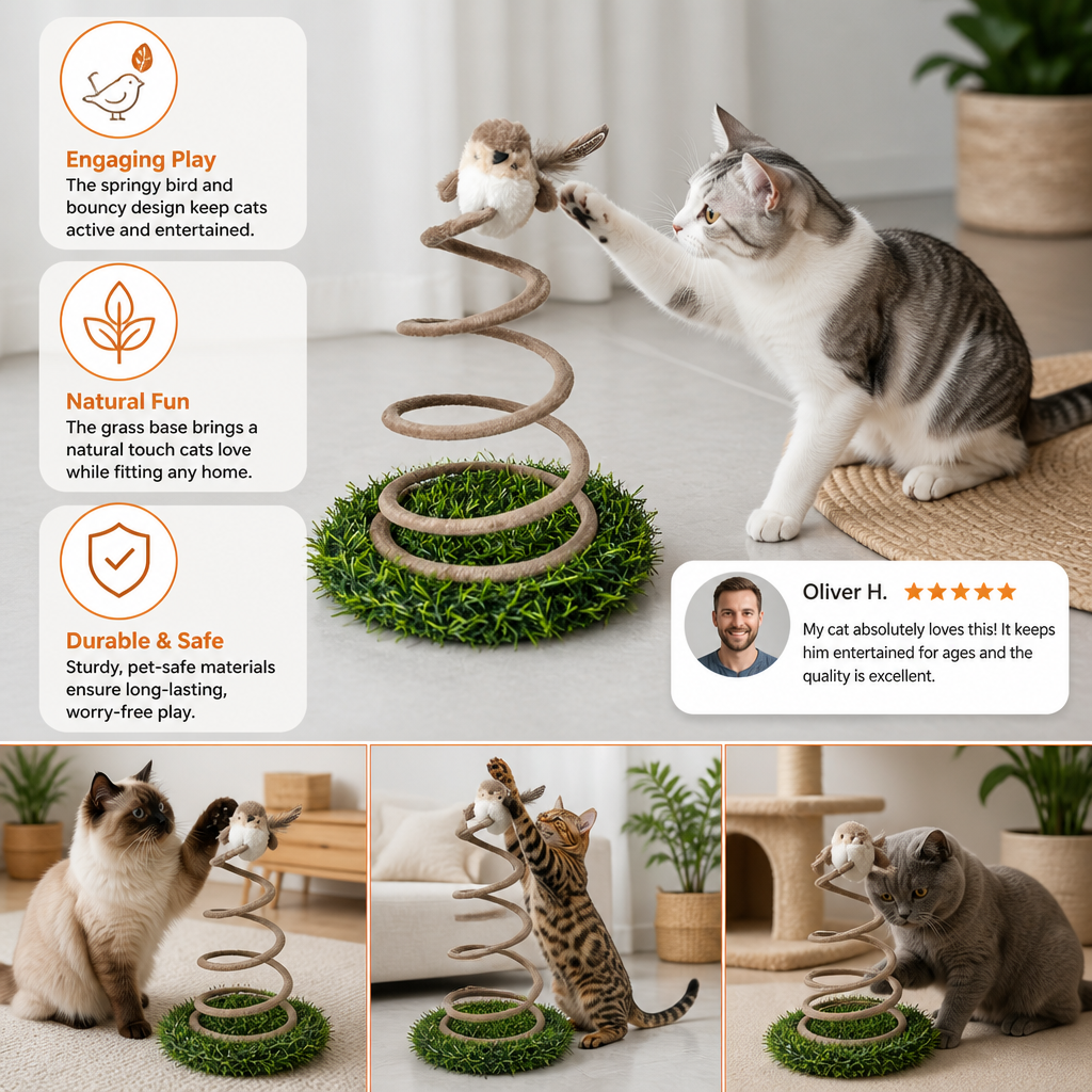 Interactive Spring Bird Cat Toy with Grass Base