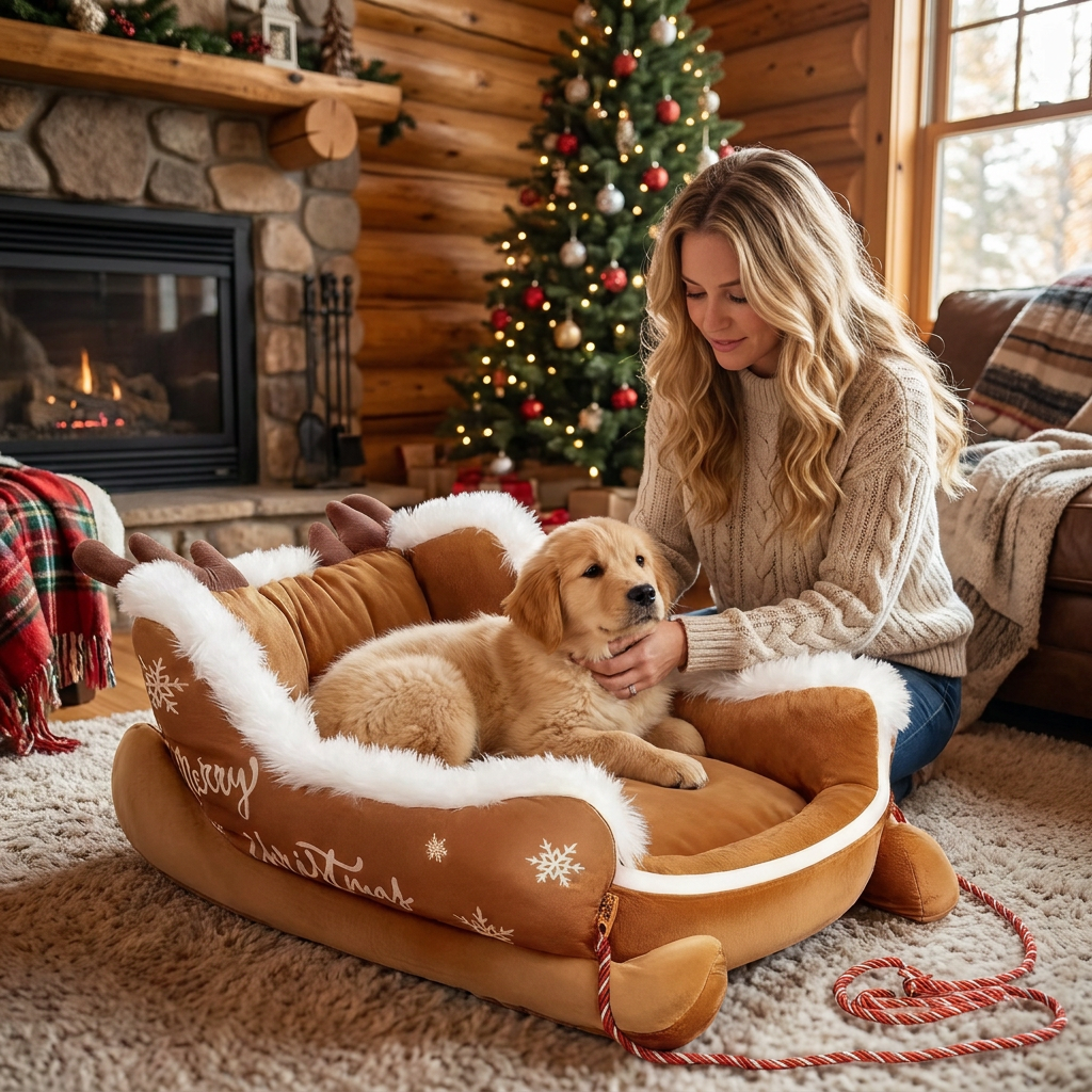 Christmas Sleigh-Shaped Plush Pet Bed with Washable Waterproof Cover
