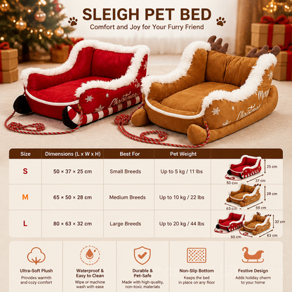 Christmas Sleigh-Shaped Plush Pet Bed with Washable Waterproof Cover