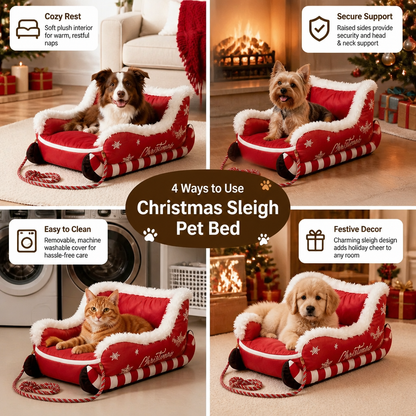 Christmas Sleigh-Shaped Plush Pet Bed with Washable Waterproof Cover