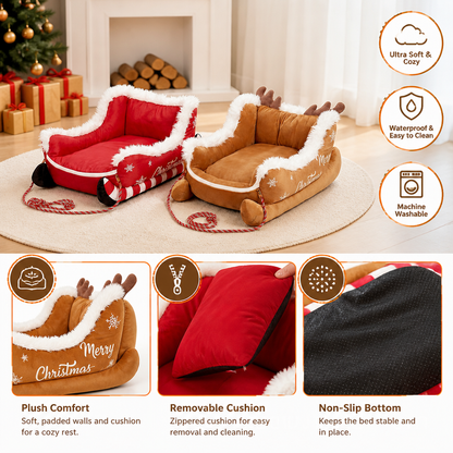 Christmas Sleigh-Shaped Plush Pet Bed with Washable Waterproof Cover