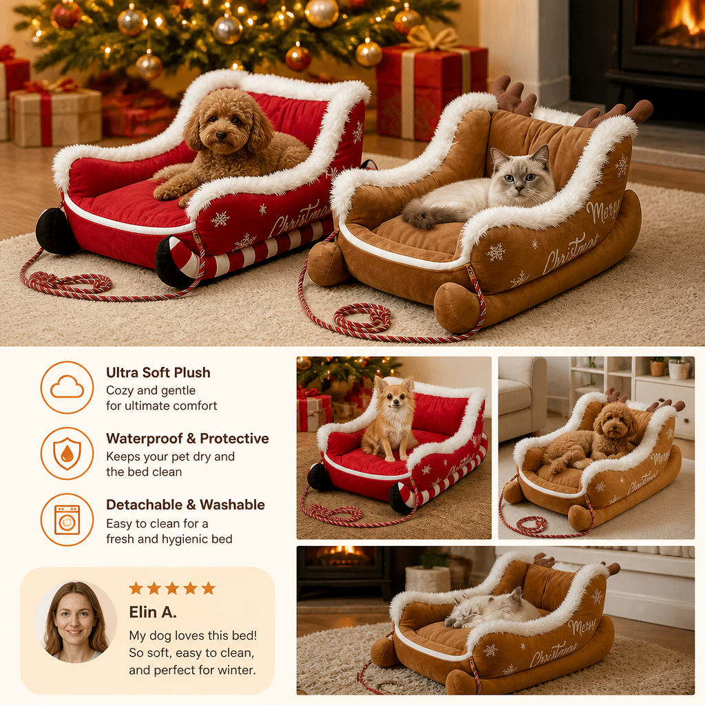 Christmas Sleigh-Shaped Plush Pet Bed with Washable Waterproof Cover