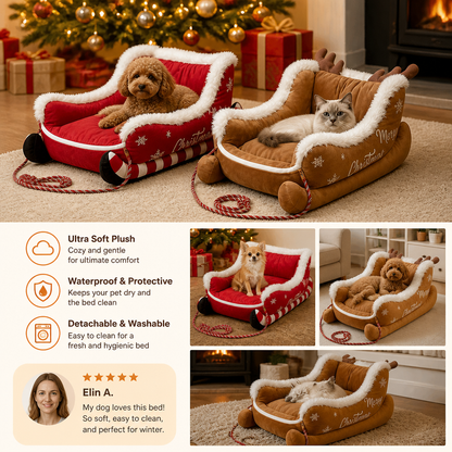 Christmas Sleigh-Shaped Plush Pet Bed with Washable Waterproof Cover