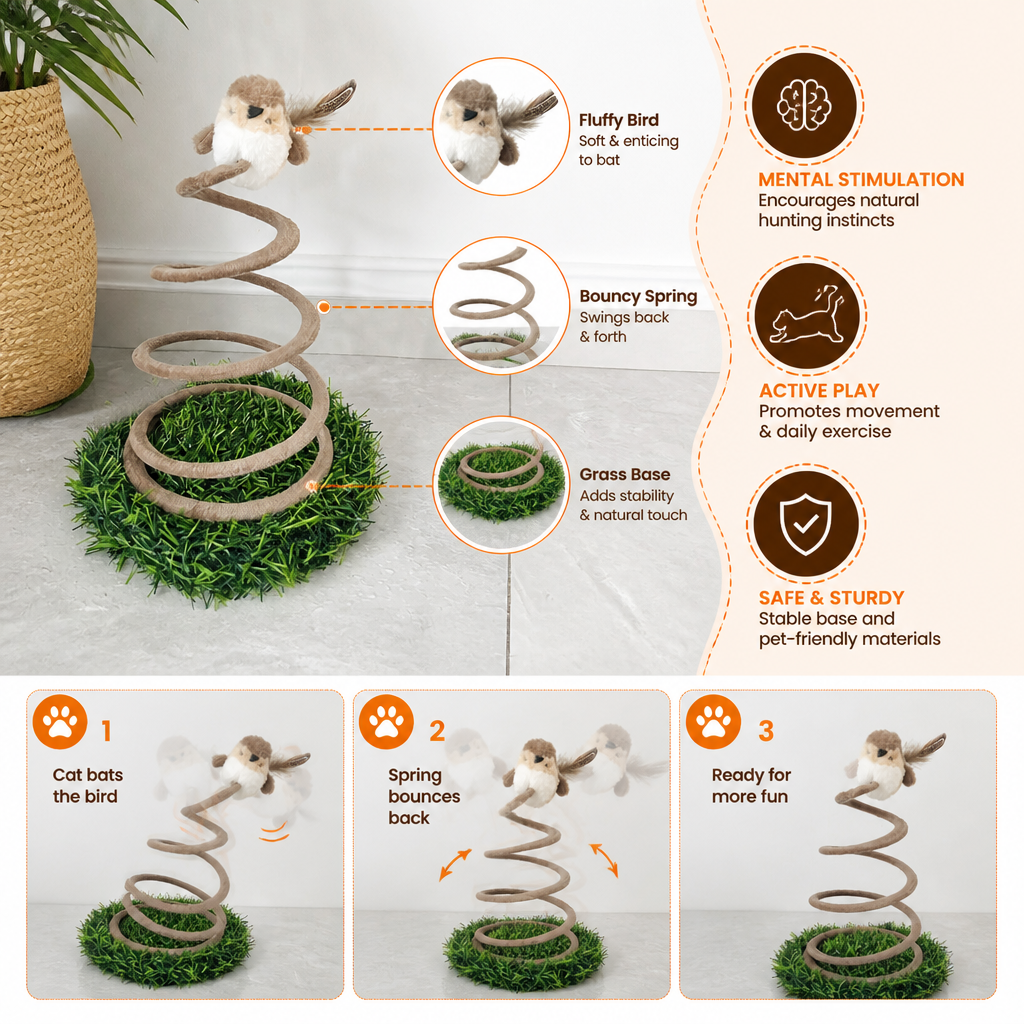 Interactive Spring Bird Cat Toy with Grass Base