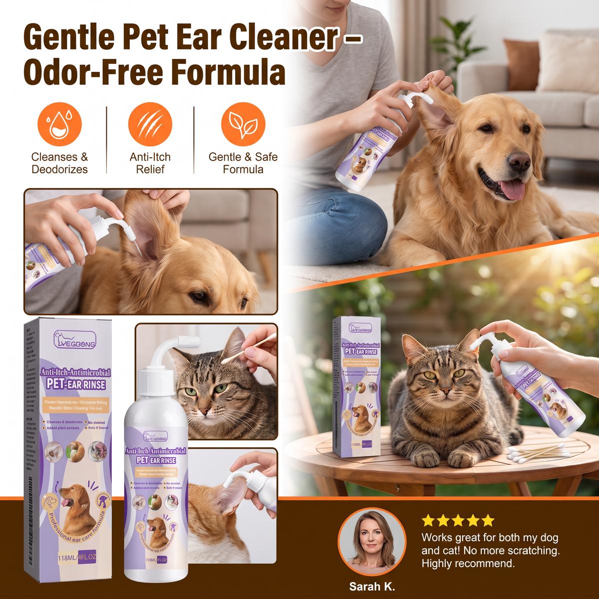 Gentle Pet Ear Cleaner – Odor-Free Formula for Dogs & Cats